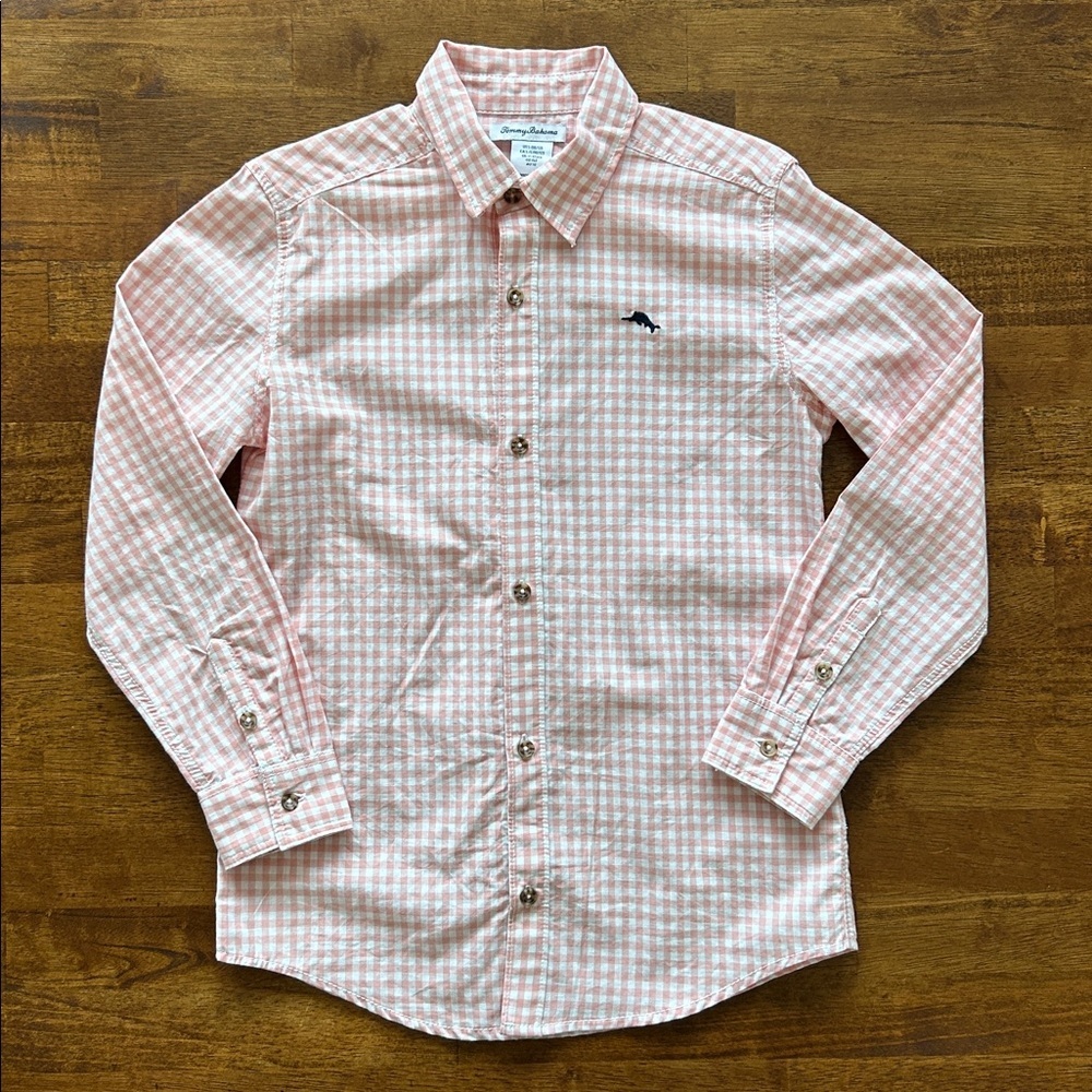 Tommy Bahama boys preppy Easter spring lite pink plaid dress shirt size Large​